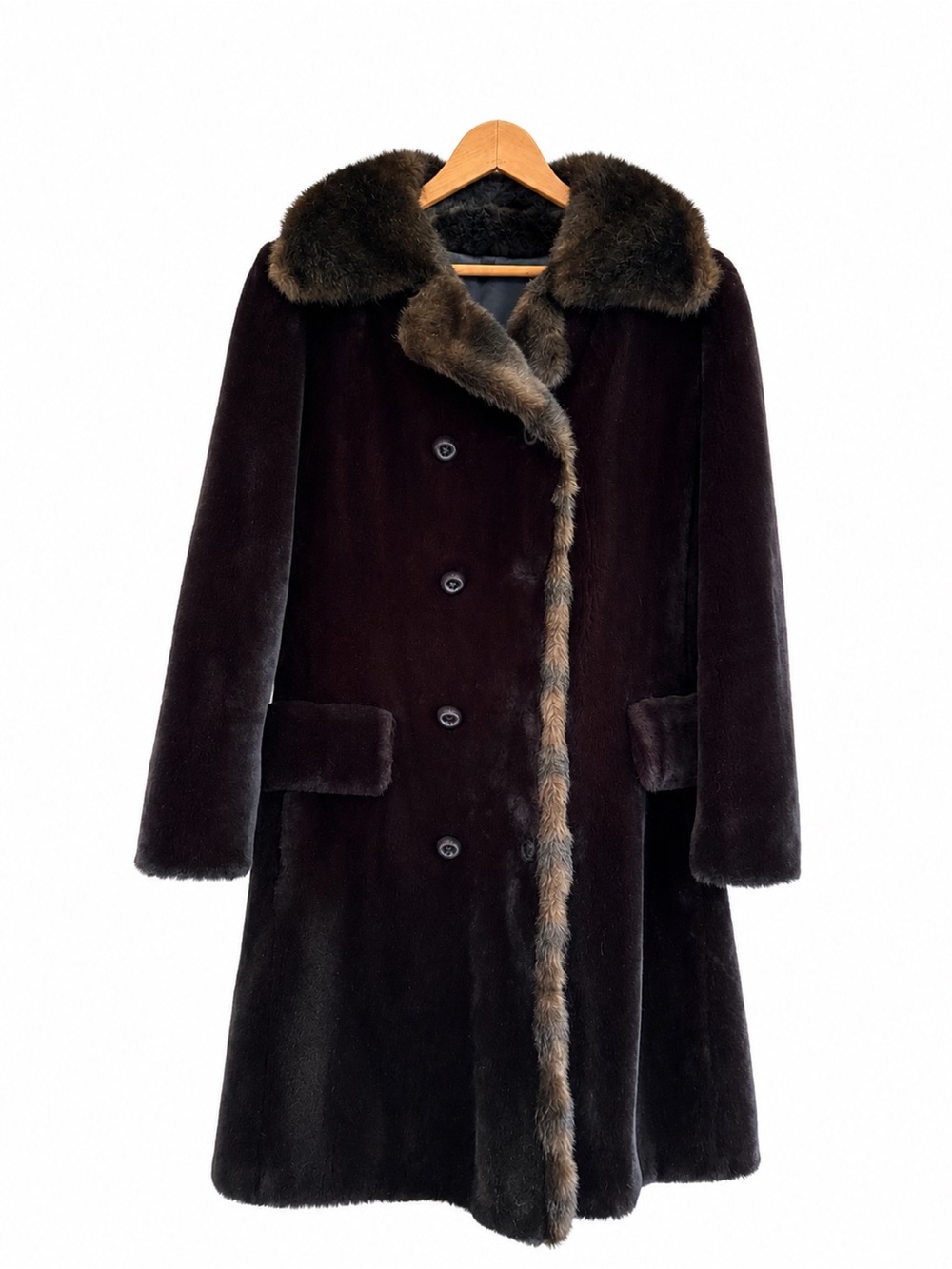 Vintage Luxurious Black and Brown Faux Fur Trim Long Trench Coat